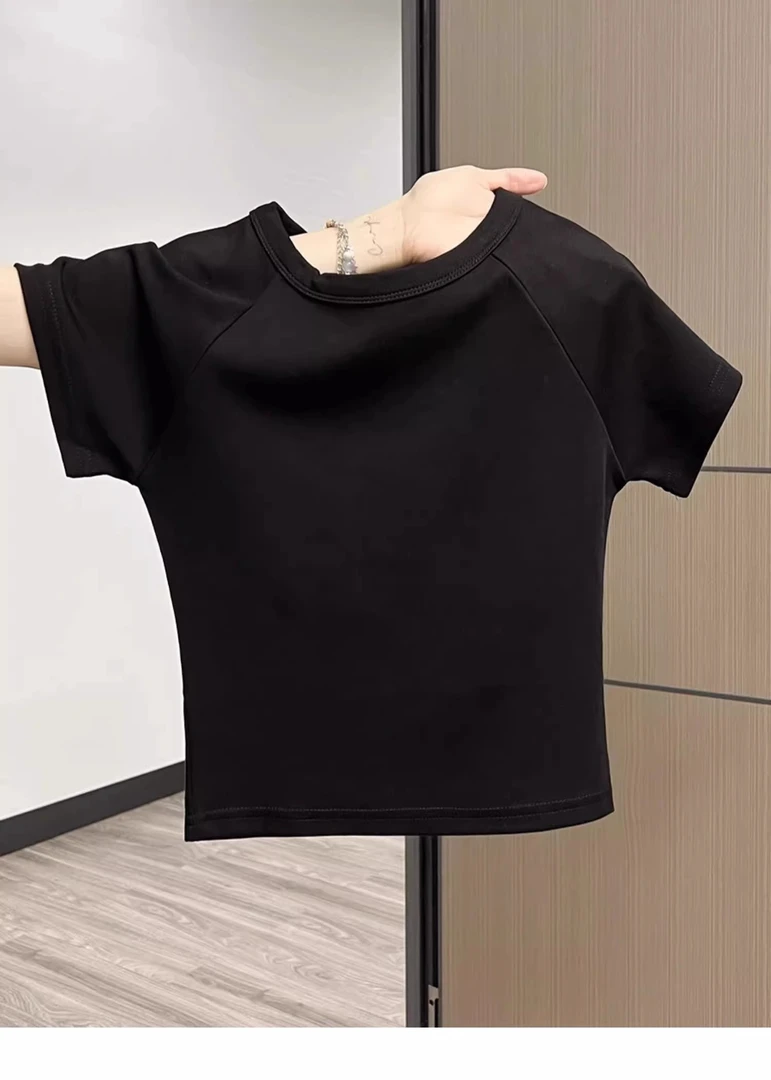 正肩短袖T恤女夏季新款韩系甜酷基础款打底短款辣妹显瘦百搭上衣
