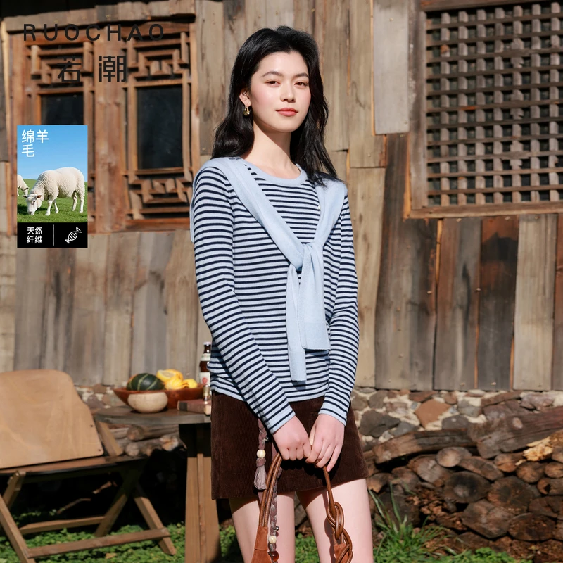 大码女装2026春季新款圆领针织衫披肩假两件条纹宽松胖MM