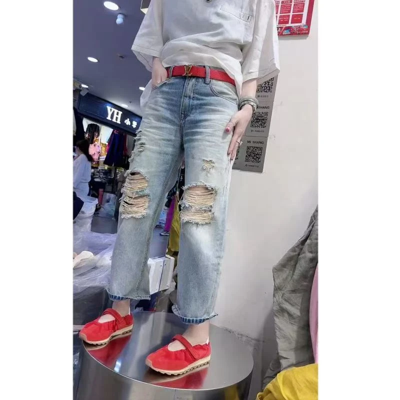 飞芊娅夏季新款时尚百搭破洞牛仔裤女高腰薄款宽松显瘦直筒法棍裤