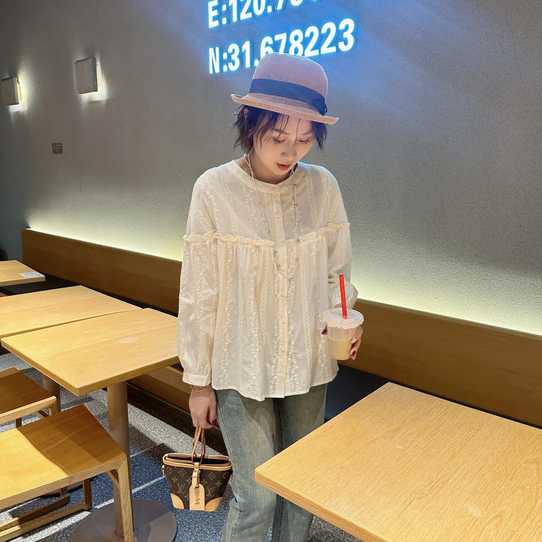 高端木耳边 刺绣重工女款衬衣  法式七分袖气质设计感衬衫