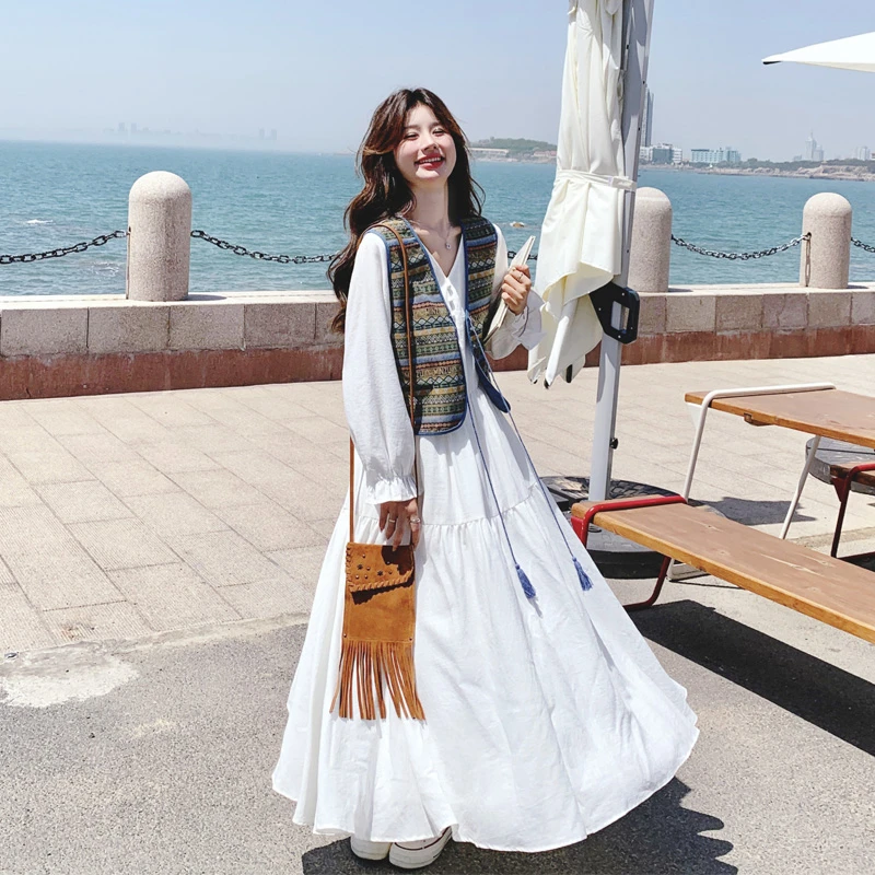 民族风两面穿印花马甲连衣裙2025秋季新款复古氛围感旅游穿搭套装