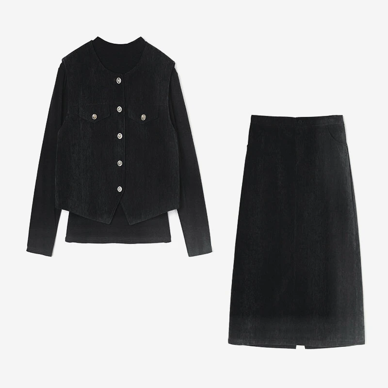 春秋新款马甲半高领打底衫半身裙三件套女士款搭配整套长裙套装