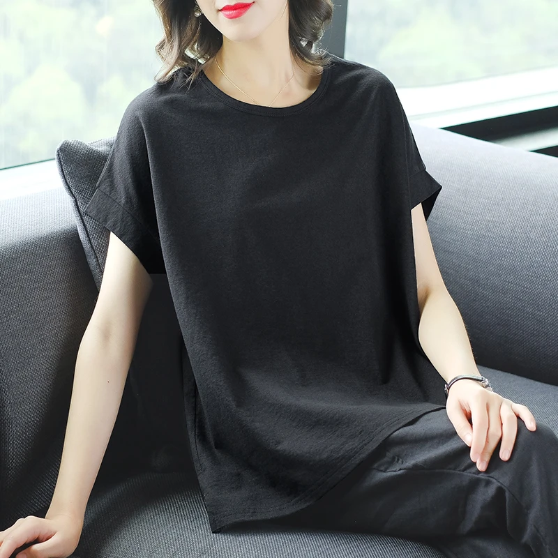 阿吉多夏季短袖t恤女装韩版宽松不规则休闲黑色百搭上衣A5507