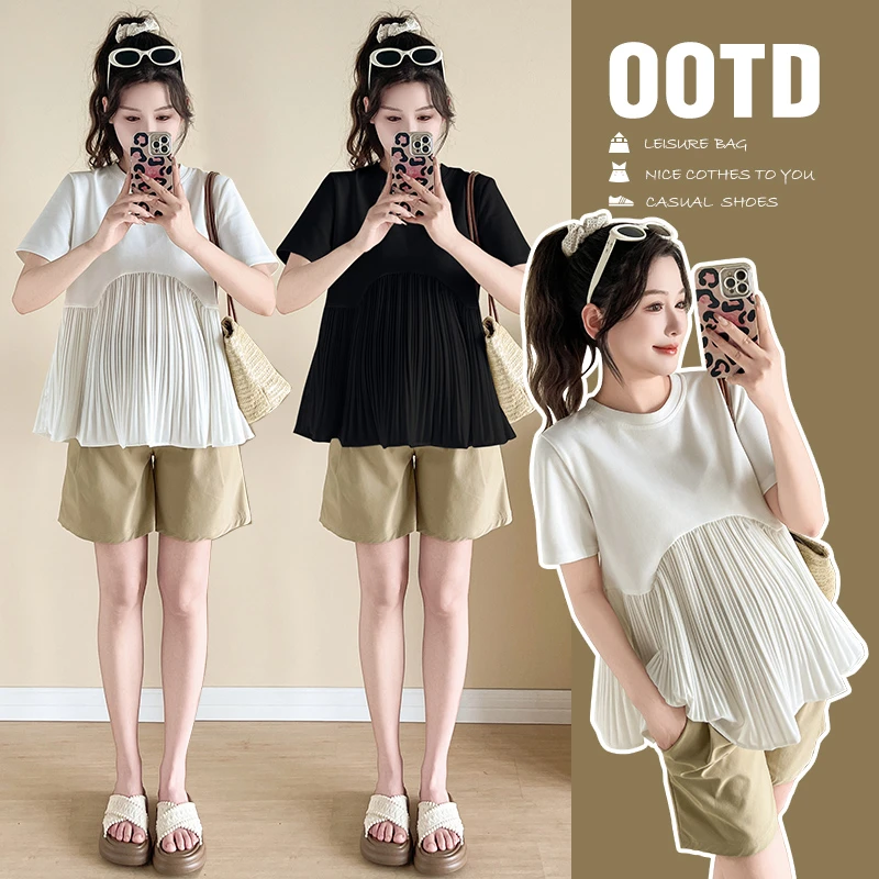 【漆梦】孕妇夏季短袖拼接褶皱上衣遮肚显瘦时尚百搭T恤两件套装