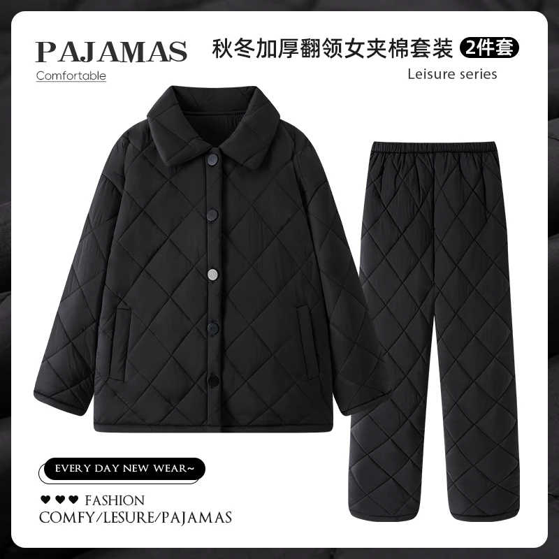 冬季睡衣女士三层夹棉加厚简约大码时尚保暖连帽家居服可外穿套装