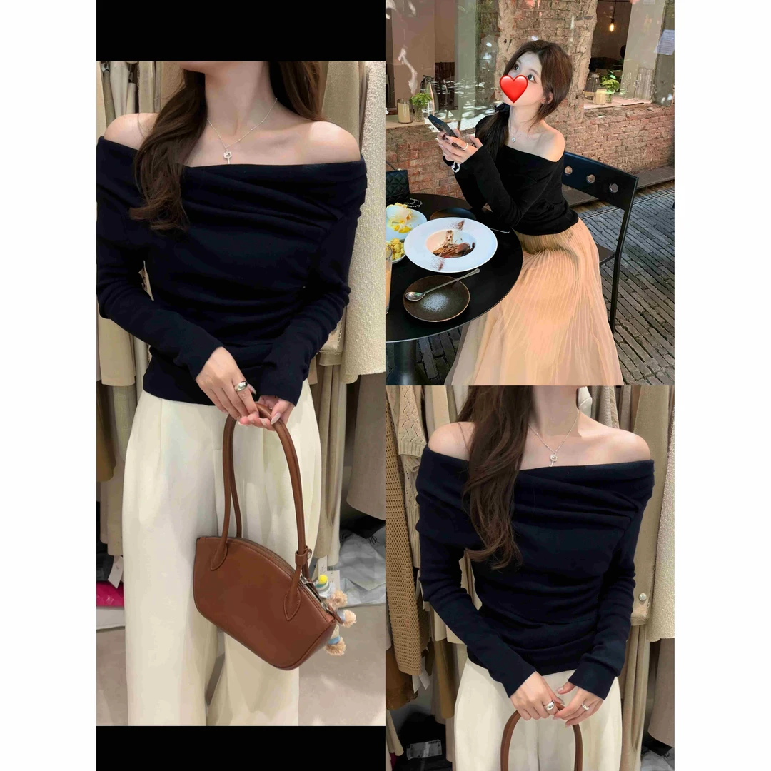 L-1071#『6%绵羊毛』简约气质百搭不规则设计斜肩上衣