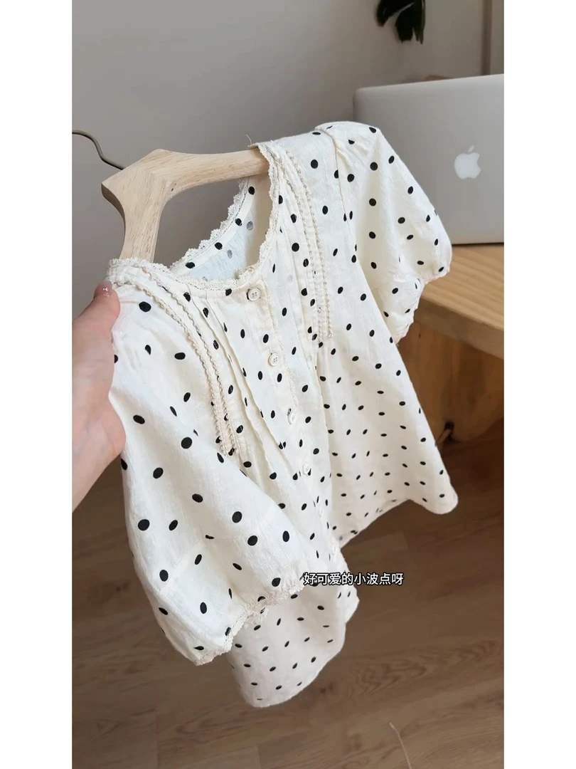 韩系甜美波点蕾丝拼接短袖衬衫女夏季温柔风宽松显瘦别致小衫上衣