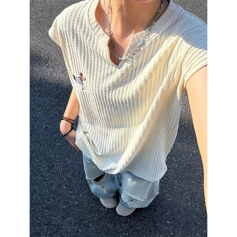 简约刺绣腊肠狗肌理感坎肩背心男夏季外穿凉感透气无袖T恤v领汗衫