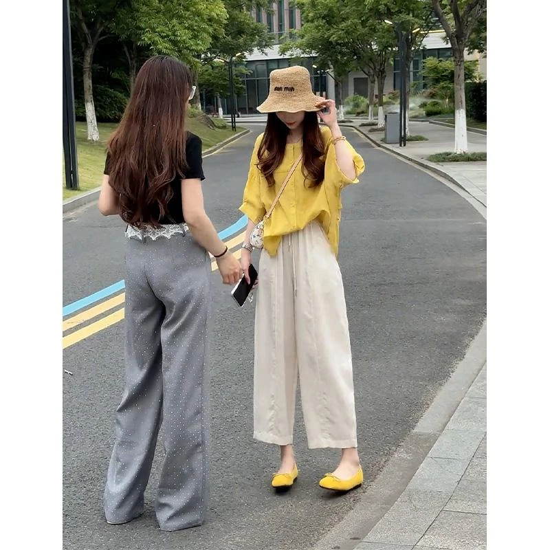 设计感小众宽松百搭衬衫上衣女2025夏季小个子高腰阔腿九分休闲裤