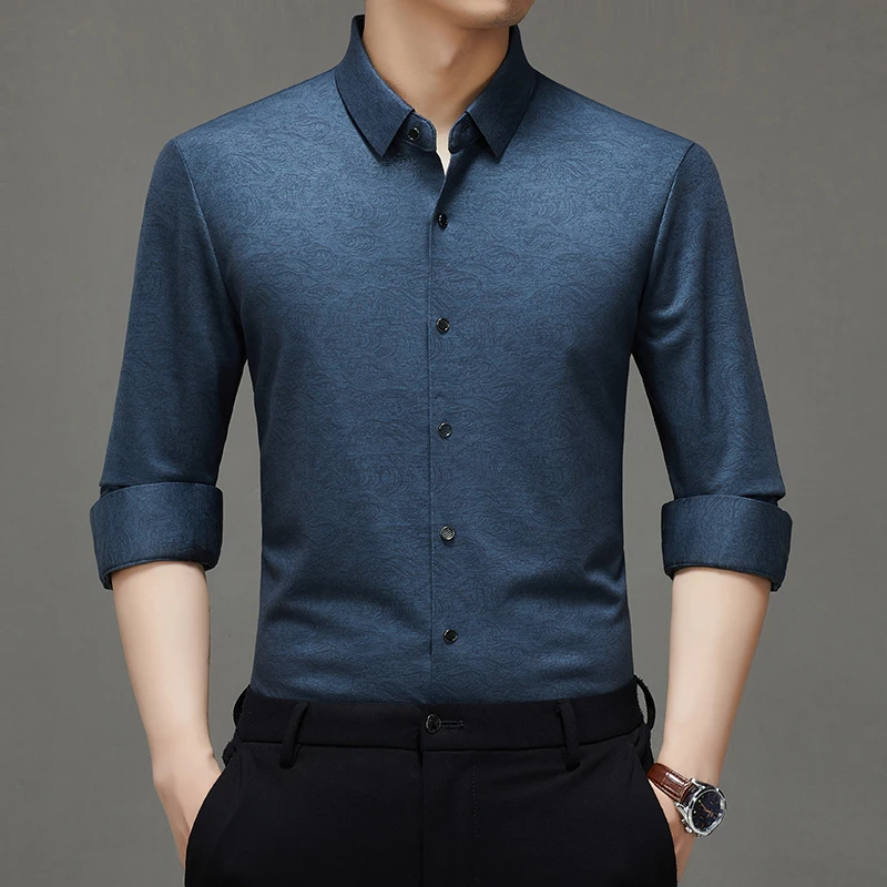 秋季新款高档羊毛长袖衬衫男士中年商务休闲无痕爸爸装衬衣