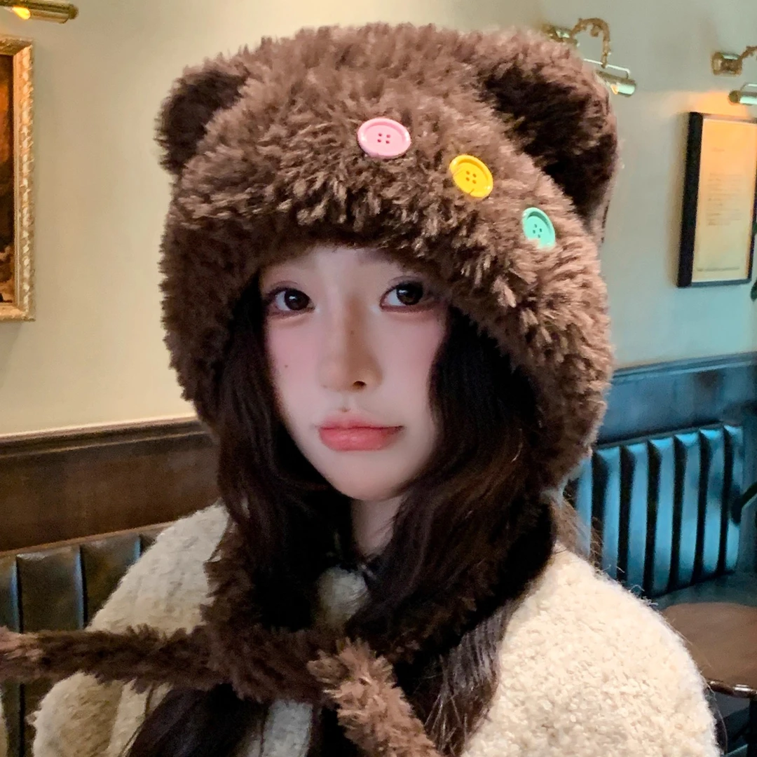 可爱纽扣小熊耳朵针织帽子女2026冬季新款加厚保暖毛绒防寒雷锋帽