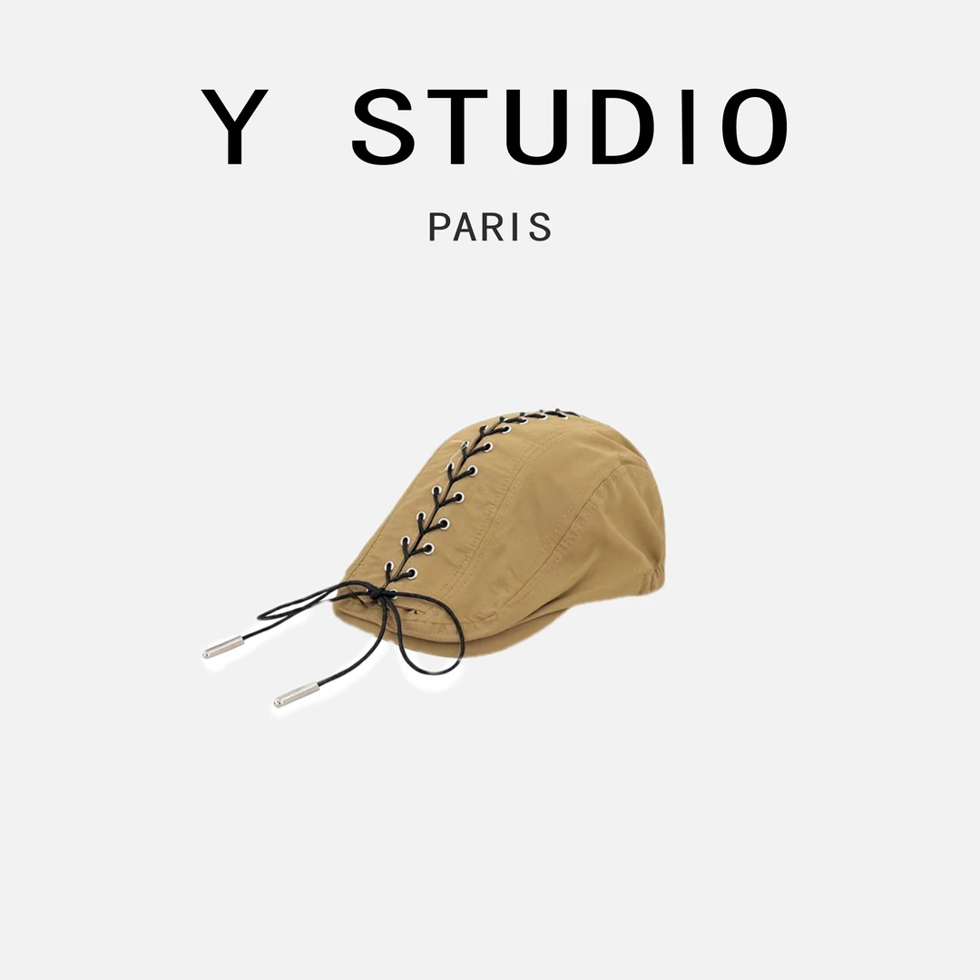 Y.STUDIO大妮定制款油蜡皮穿绳前进帽酷酷穿搭潮帽贝雷帽