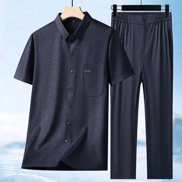 爸爸夏装套装短袖中老年男士小码XS冰丝中国风小个子155衬衫唐装