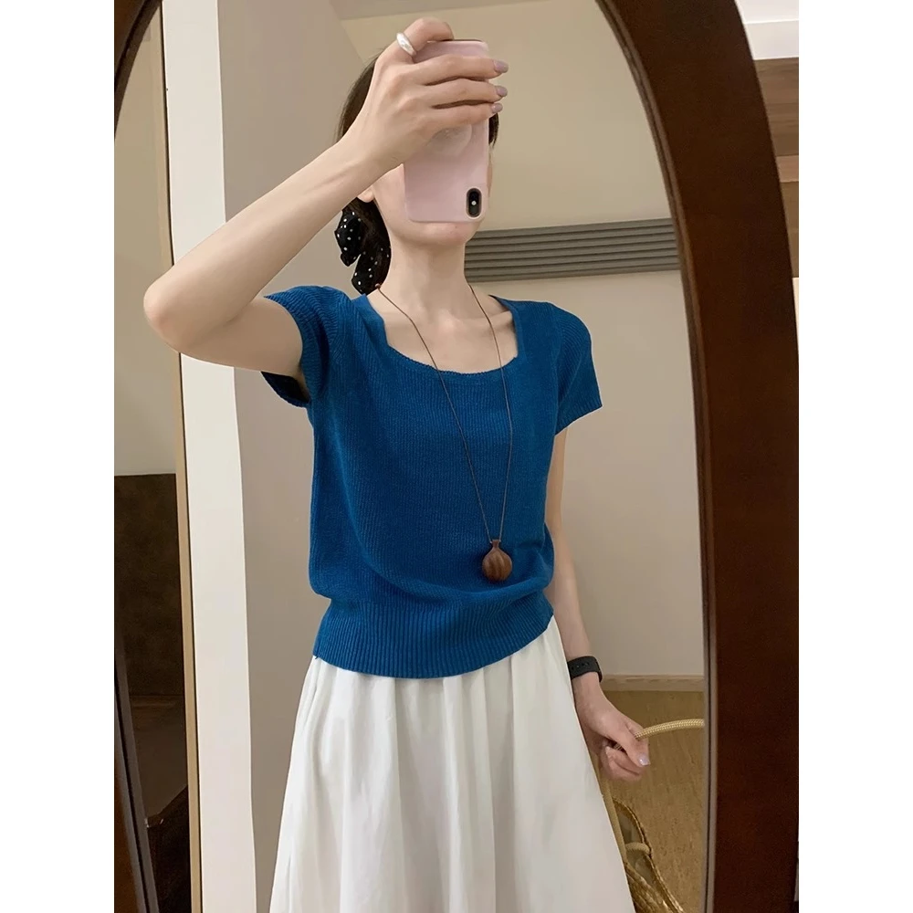 法式克莱因蓝色方领冰丝针织短袖女夏季修身显瘦百搭T恤显瘦上衣