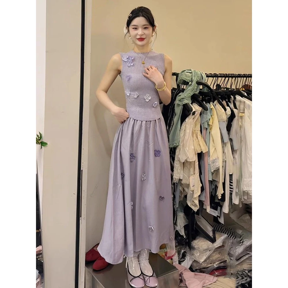 韩系温柔立体花朵时尚背心上衣女2025夏季优雅加大加宽女连衣裙