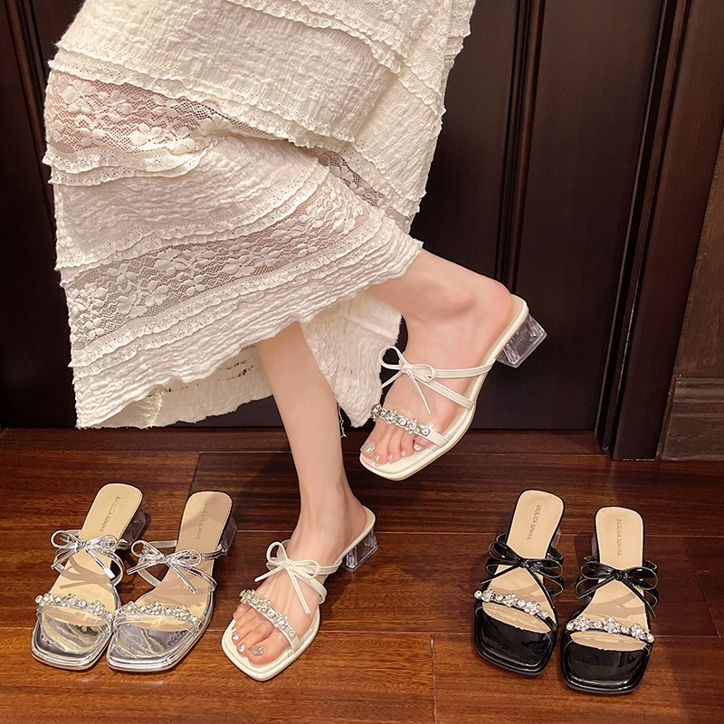 【COCO】仙女风法式方头蝴蝶结水钻外穿夏季女款凉拖