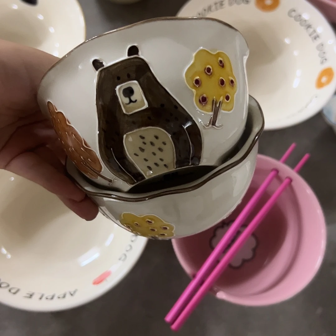 搪瓷微瑕熊出没米饭碗两个