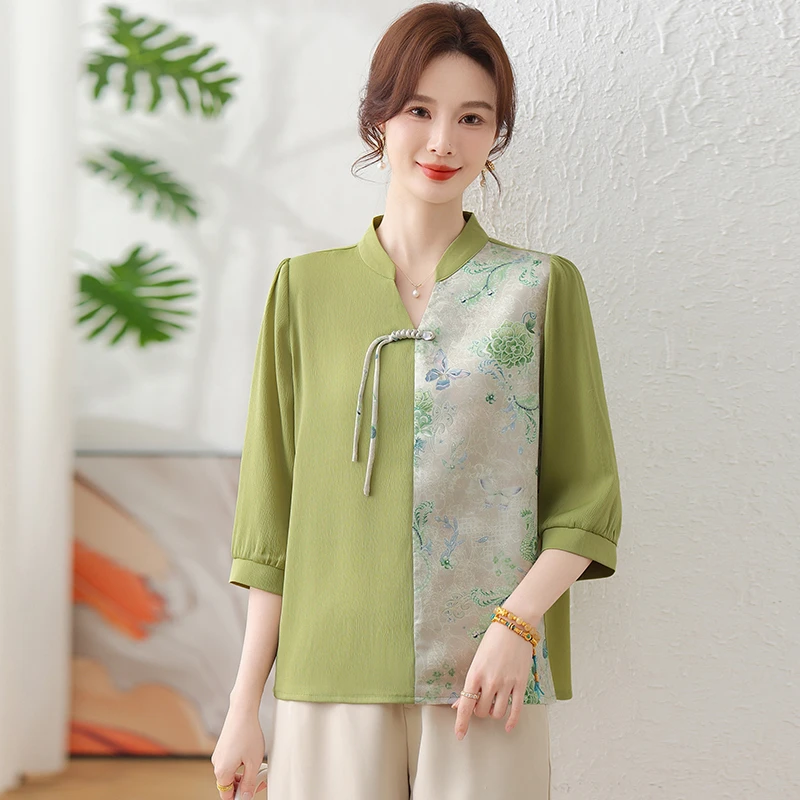 新中式国风印花衬衣妈妈夏装薄款显瘦小衫洋气大码T恤拼接上衣女