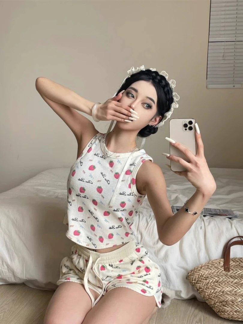 【DMXJ大梦想家】纯欲风可爱草莓印花睡衣女夏款美式辣妹家居服套装