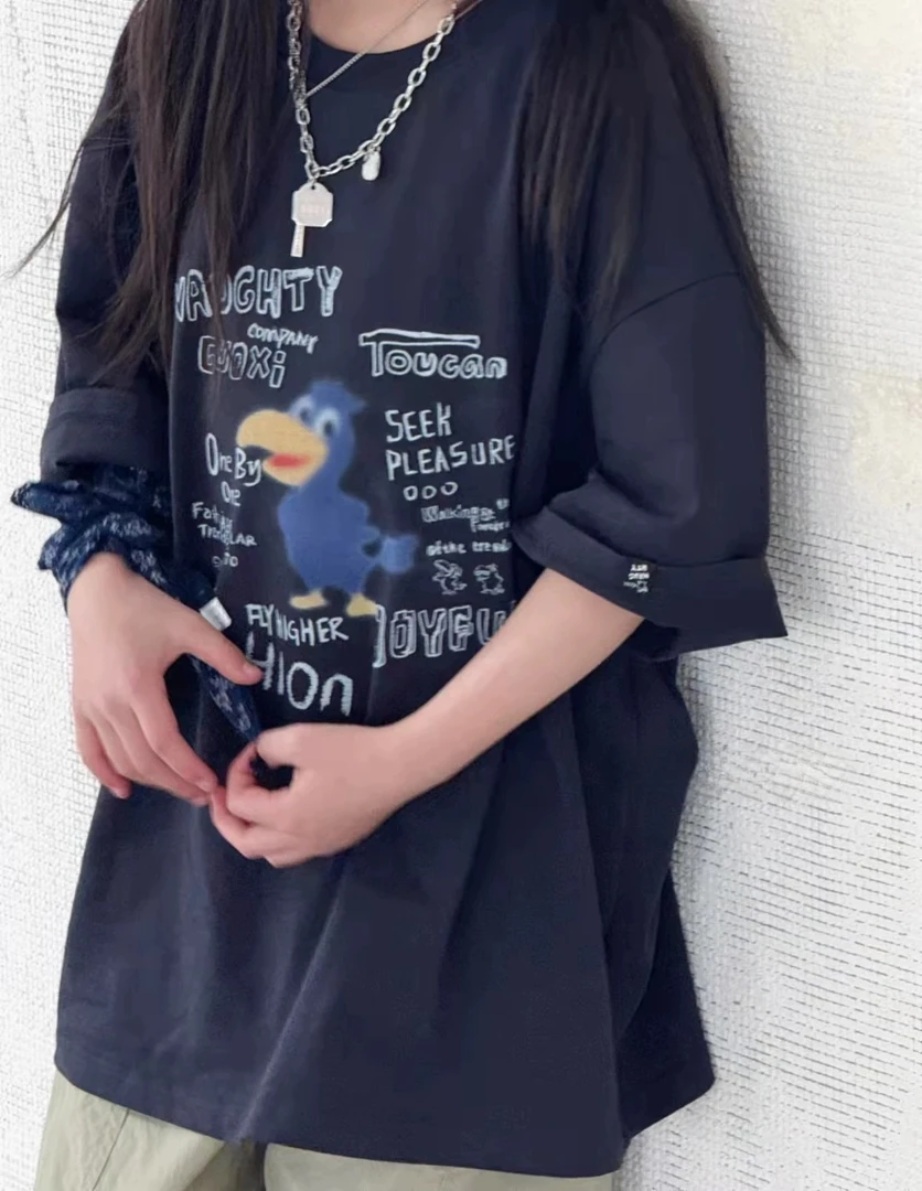 夏季新品男女童卡通涂鸦字母小鸟短袖T恤中大童休闲韩版上衣6108