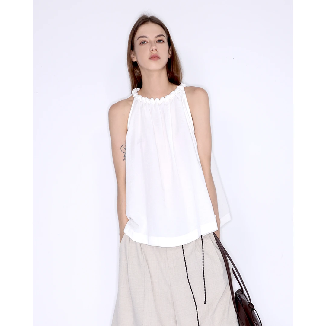 JDE 法式白色简约无袖衬衫女夏扭结露肩通勤休闲宽松显瘦套头上衣