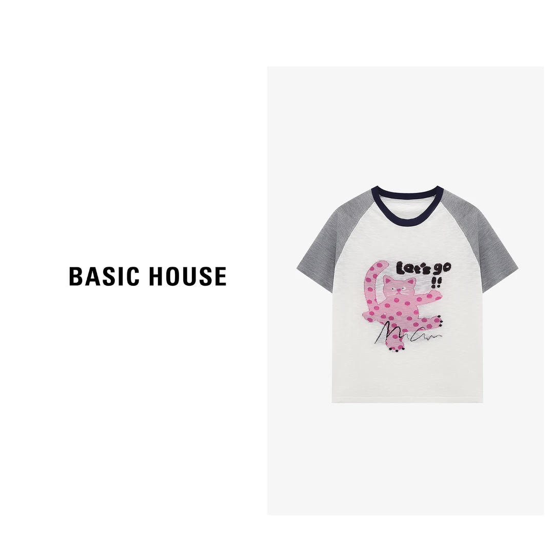 百家好夏季凉感刺绣小猫撞色短袖针织衫甜美卡通女装-B0625B5H022