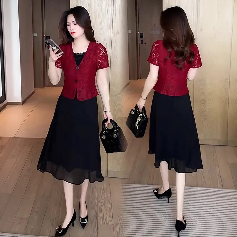 假两件蕾丝红色连衣裙女夏季2025新款时尚洋气减龄妈妈装气质裙子