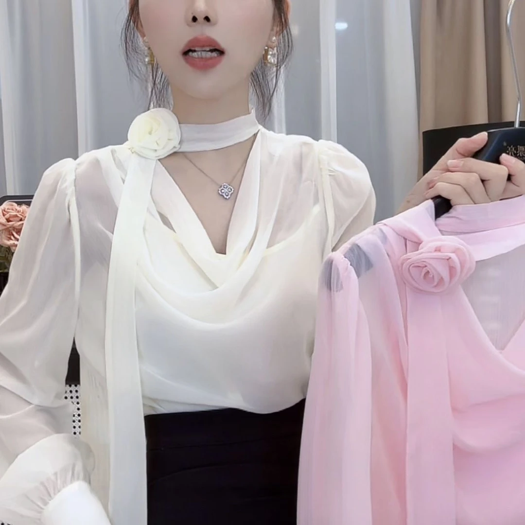 气质名媛时尚荡领长袖上衣女装2025夏季新款细闪百搭显瘦防晒小衫