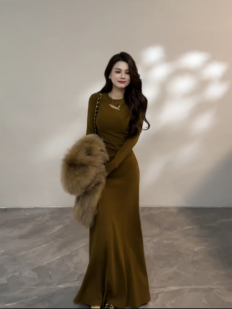 时尚长袖收腰显瘦修身连衣裙女气质长款裙子2025秋冬新款a字长裙