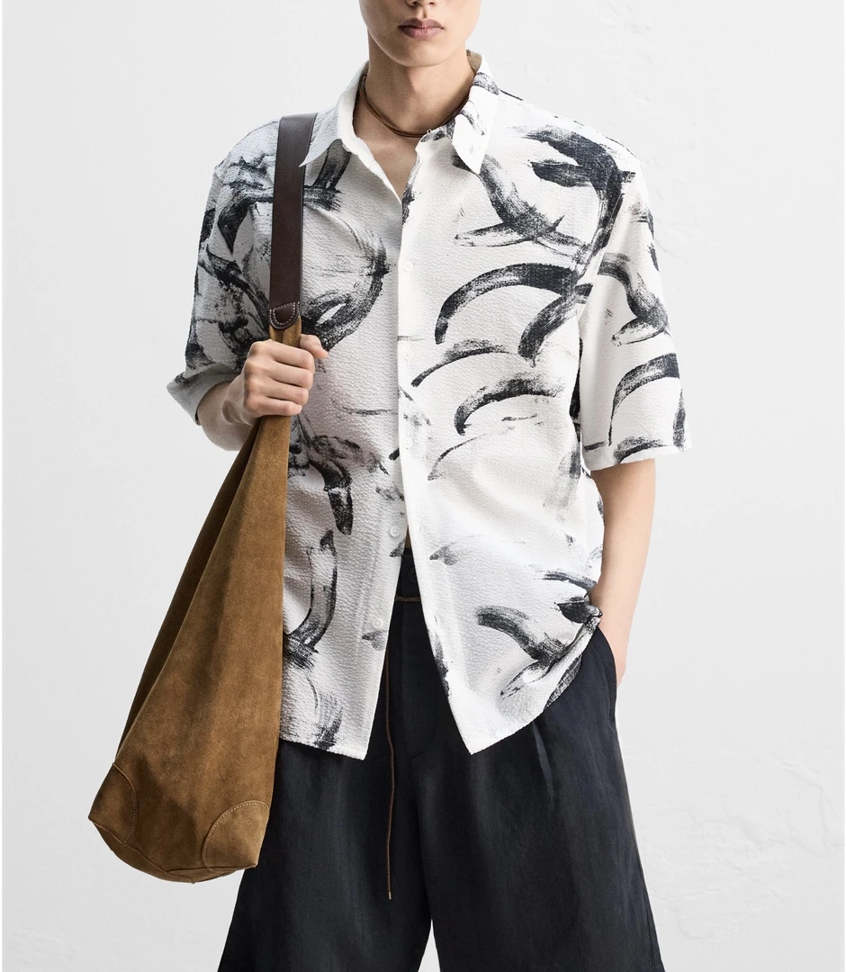 原-男装机能衣橱黑白印花泡泡纱抗皱短衬衬衣 宽松衬衫7380557