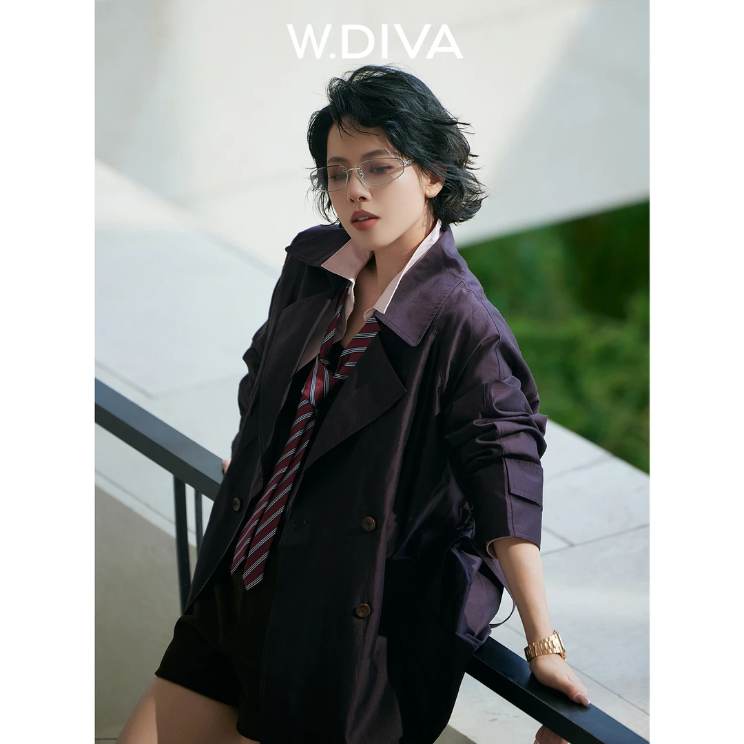 W.Diva【古铜】桑蚕丝风衣vintage复古慵懒风女翻领双排扣53C282538