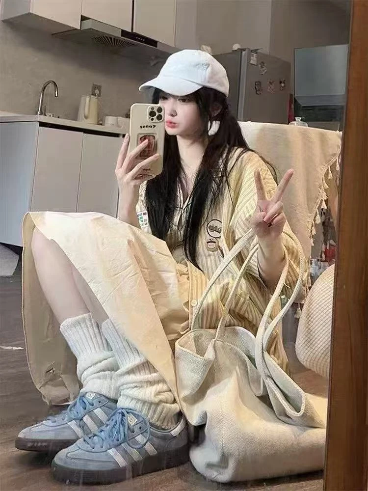 三件套小清新条纹短袖衬衣+背心+显瘦A字高腰半身裙时尚套装1871