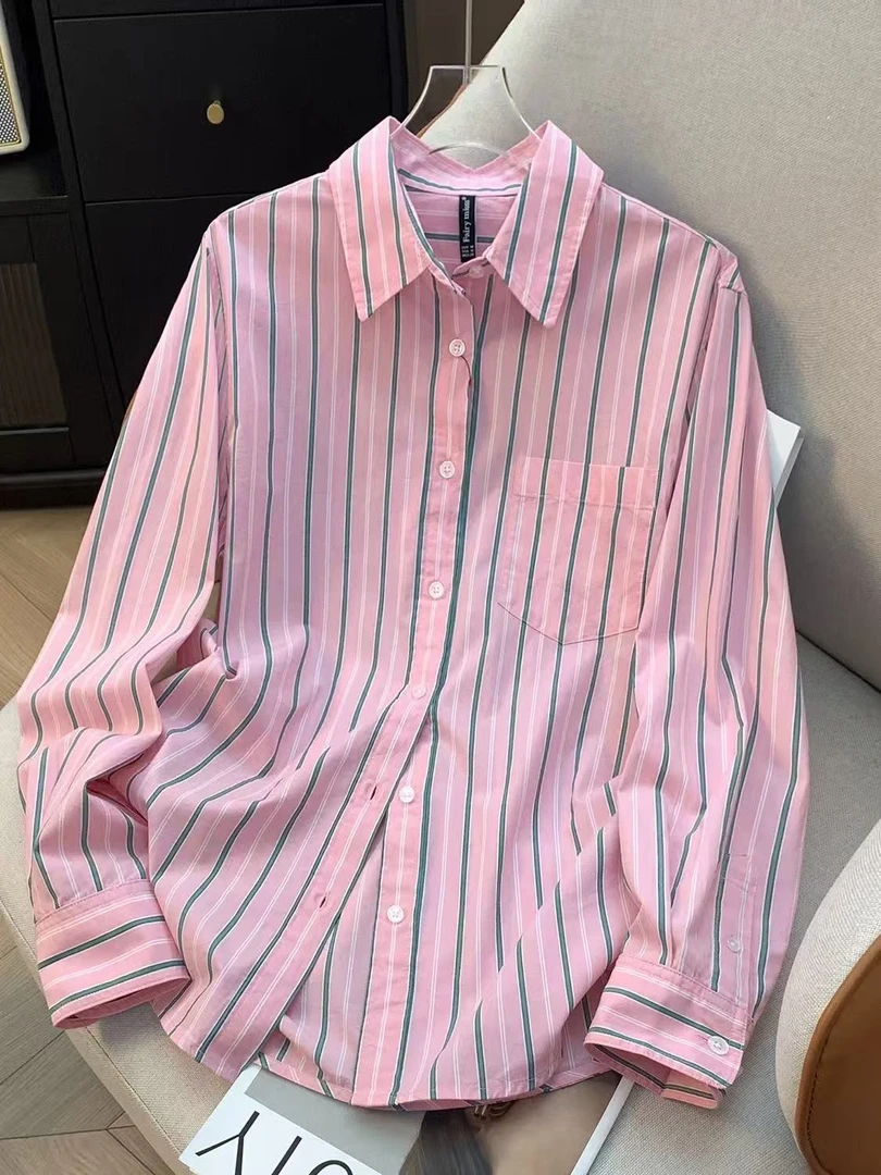 【液氨免烫100%棉】薄款条纹全棉长袖衬衫时尚女装衬衣宽松上衣9900