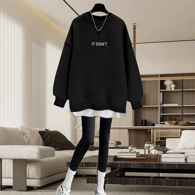 假两件圆领卫衣女2025秋冬新款宽松中长款遮屁股加绒加厚拼接上衣