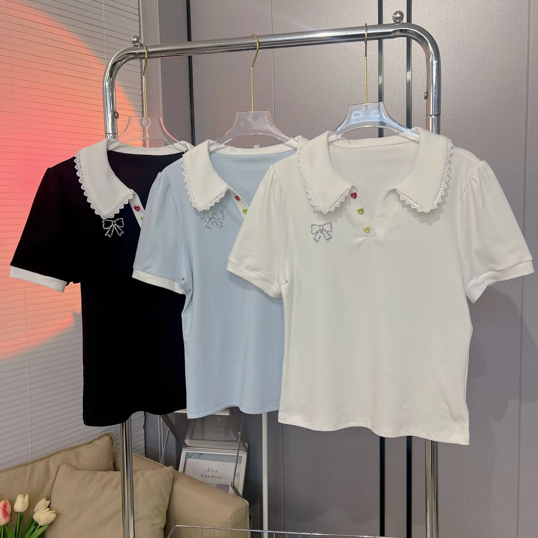 夏季蕾丝拼接娃娃领修身公主袖甜酷短袖T恤女短款polo小个子上衣