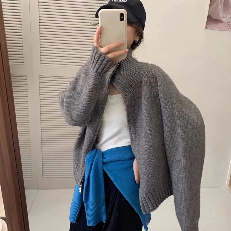 双拉链立领针织开衫女2025秋冬新款韩系慵懒风宽松百搭毛衣外套