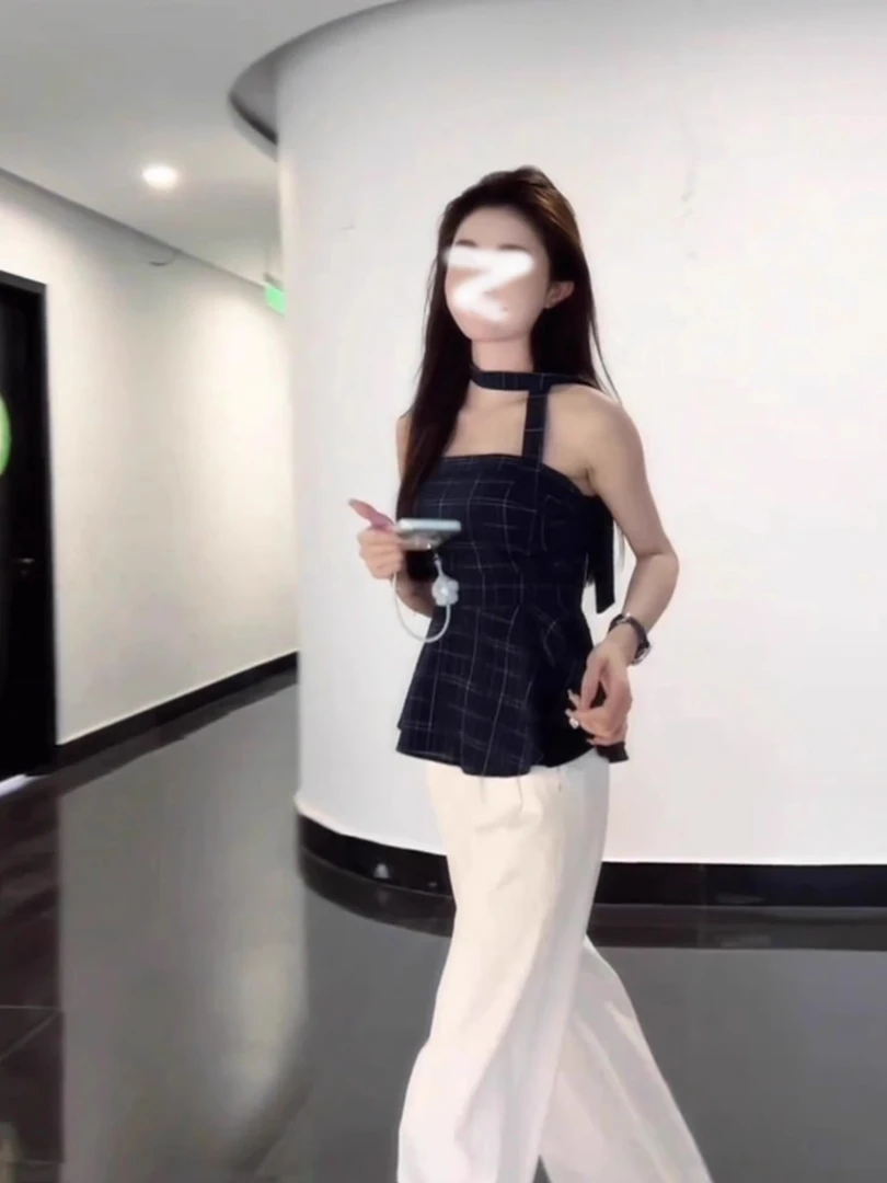 小香风撞色格纹飘带抹胸背心女夏下摆褶皱裙边小衫甜辣妹短款上衣