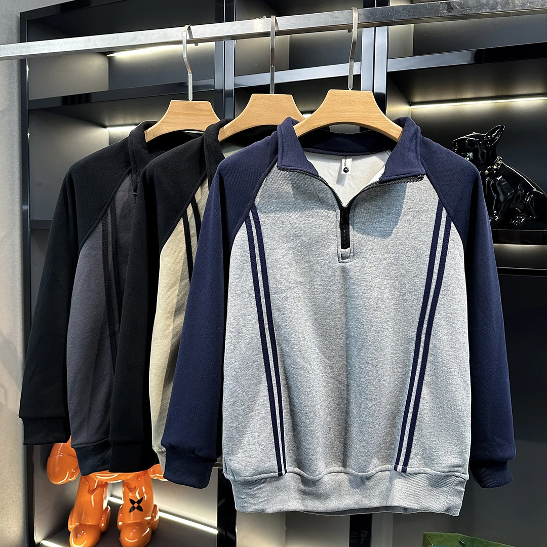 秋冬新款加绒卫衣男织带时尚宽松休闲打底衫长袖上衣半拉链保暖潮