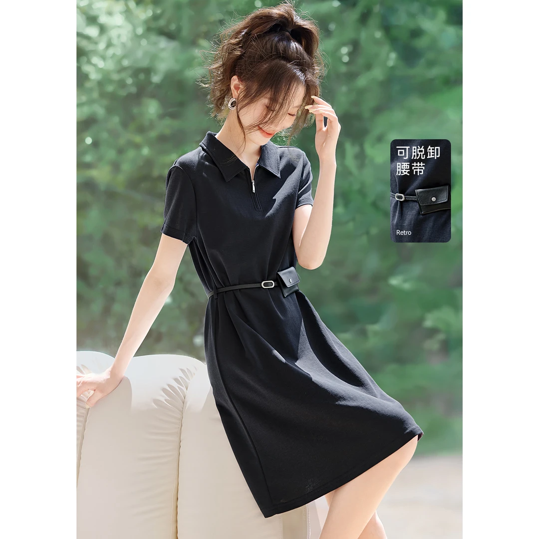 沫晗依美【学院风连衣裙】2025夏新休闲POLO拉链领收腰连衣裙5047