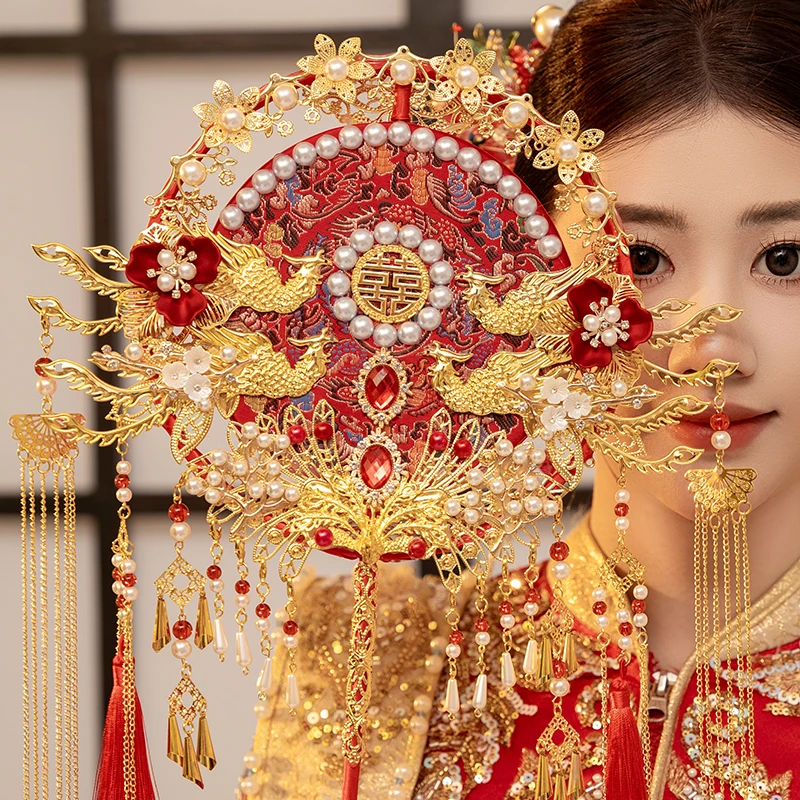 禾服团扇双面双色重工中式团扇新娘结婚喜扇手工diy材料包成品