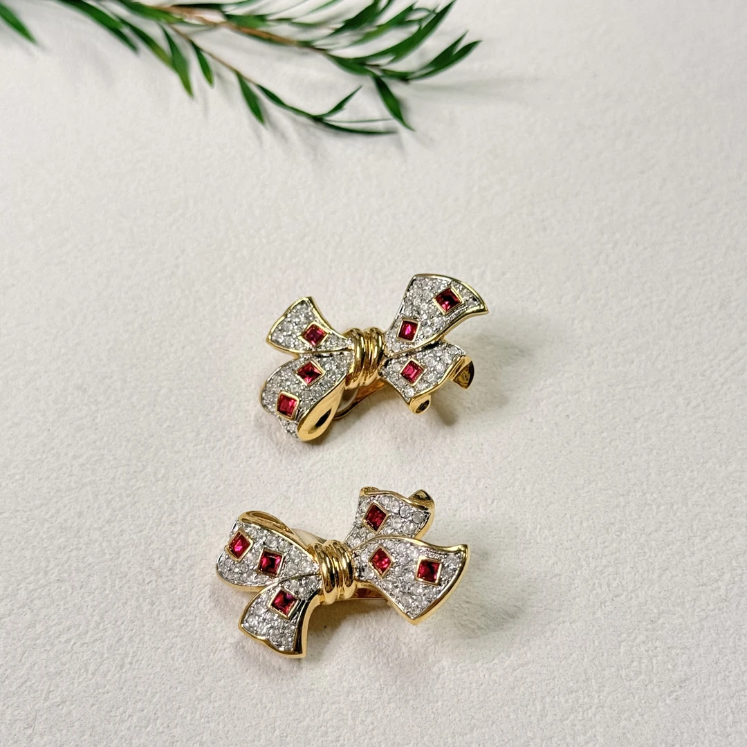 铜合金合成锆石耳饰 【六六中古】孤品复古蝴蝶结耳夹ap7993