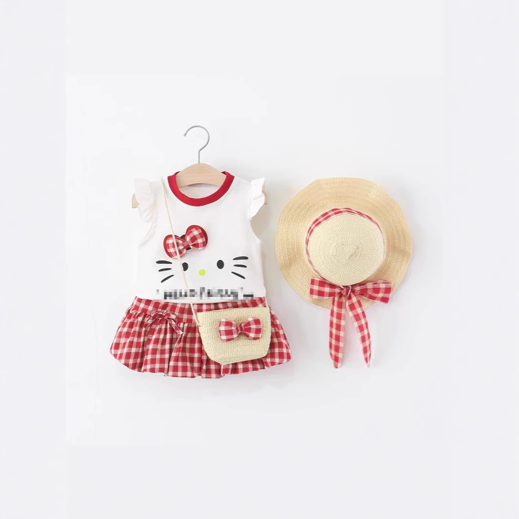 2025新款女童套装夏季女宝宝卡通t恤格子花苞短裤两件套