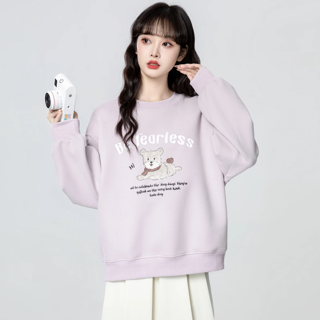 浅紫色圆领卫衣女春秋2025秋季新款宽松卡通印花无帽套头学生上衣