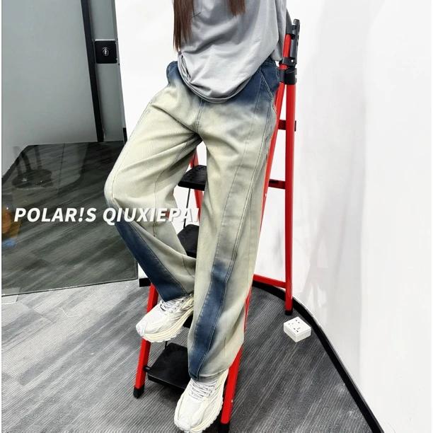 美式高街弯刀牛仔裤男小众潮牌拼接渐变设计感痞帅炸街阔腿裤子