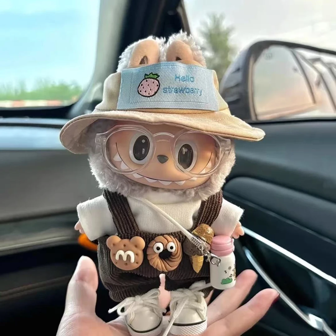 labubu娃衣搪胶拉布布17cm一代二代可爱帅背带裤马卡龙坐衣服摆件