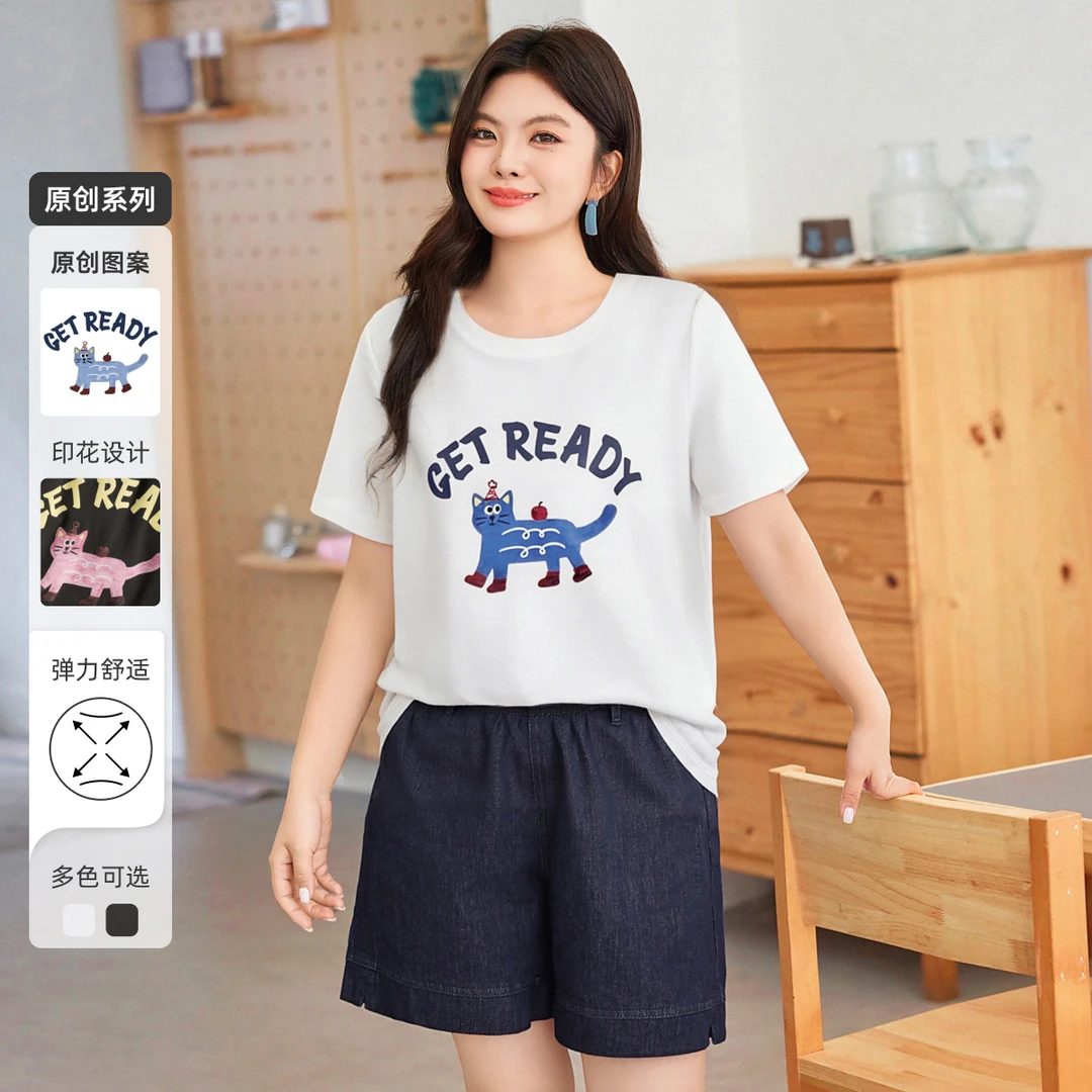 MsShe大码女装2025新款夏装休闲趣味小猫印花正肩短袖T恤C2507015