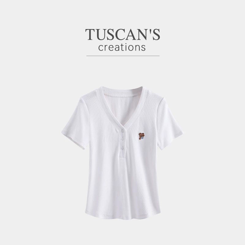 TUSCAN'S CREATIONS夏季简约百搭V领修身休闲针织衫T恤双鱼女装