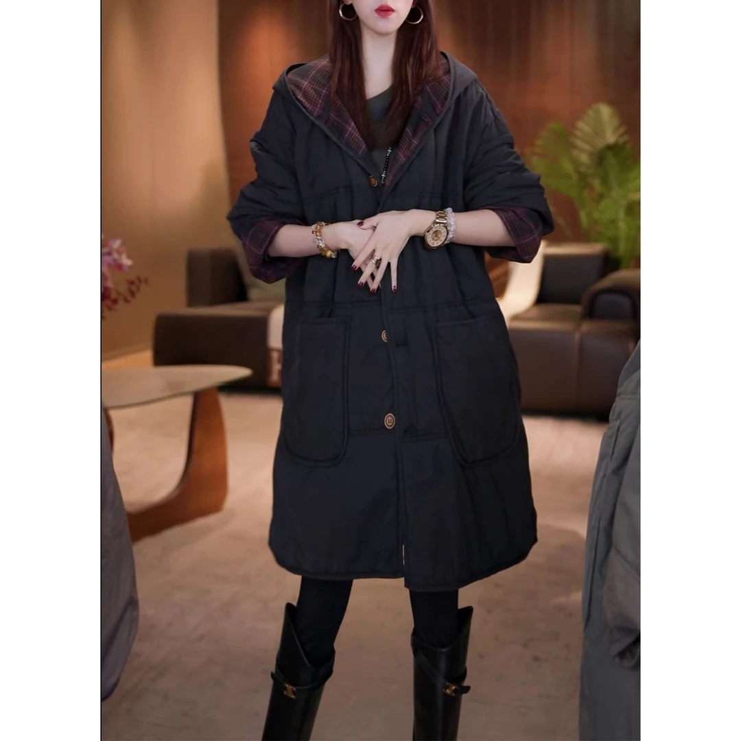 时尚休闲宽松显瘦加厚保暖棉衣秋冬新款双面穿中长款连帽棉服外套