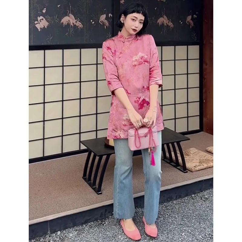 新中式国风显瘦中长款立领衬衫欧洲站2025夏季新款气质别致上衣潮