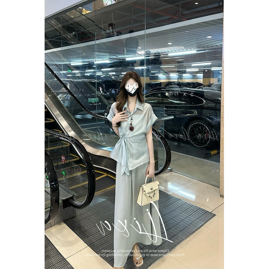 法式围裹系绑收腰衬衣女夏季显瘦半身裙三件套气质套装洋气衣服女